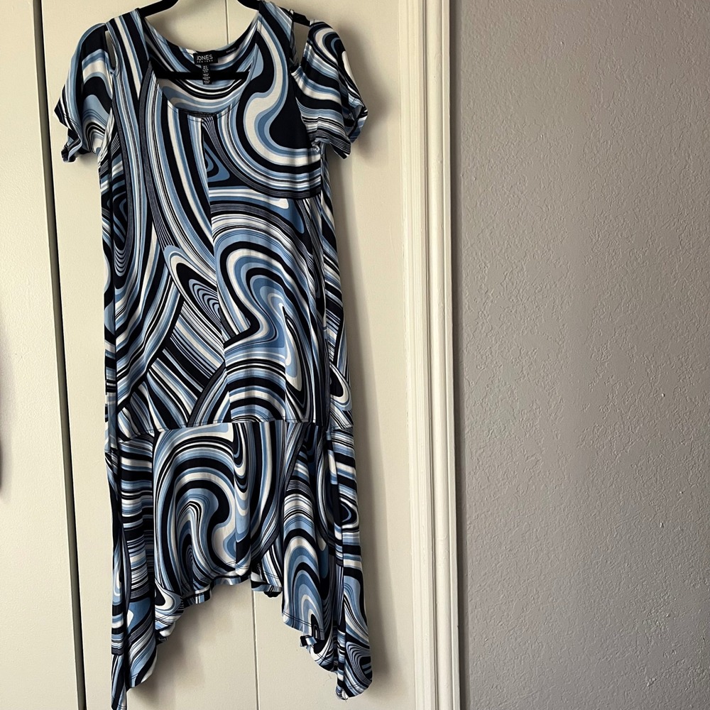 Jones New York Dress Abstract Print Cold Shoulder Casual Blue Size M